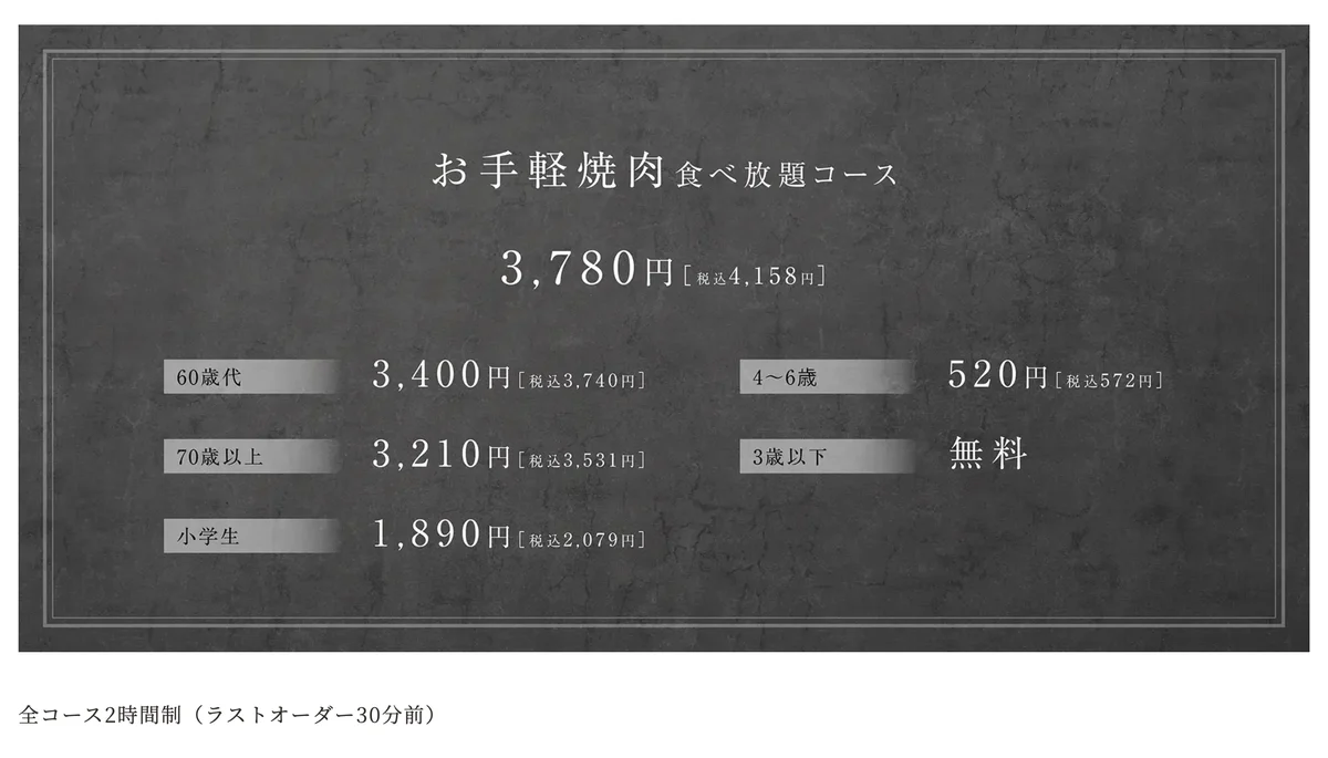 ワンカルビ公式サイトのお手軽焼肉食べ放題コースの料金表。税込4,158円・60歳代3,740円・70歳以上3,531円・小学生2,079円・4〜6歳572円・3歳以下無料